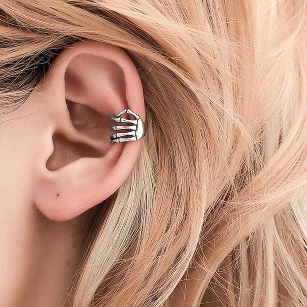 Set of 2 Silver Skeleton Hand Ear Cuff Earrings